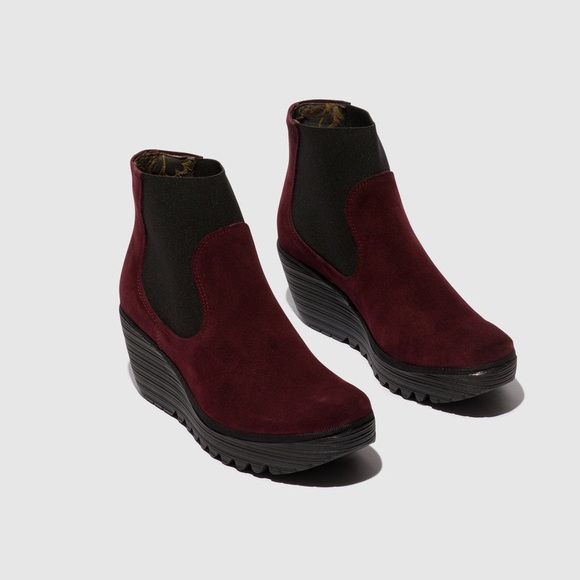Fly London Shoes - NEW Fly London Wine Suede Leather Wedge Ankle Boots Pull-On Women’s US 7.5